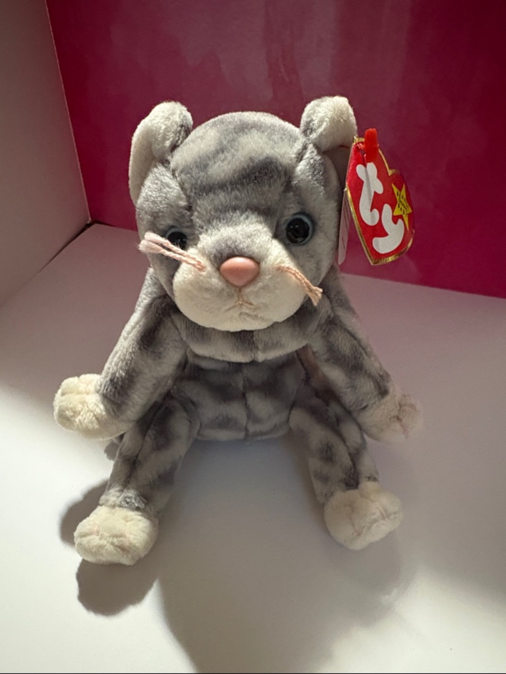 Ty Silver Tabby Cat Plush with Pink Nose and Cream Accents